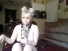 Curvy Girl Takes Huge Rip From Bong Topless And Plays With Her Wet Pussy